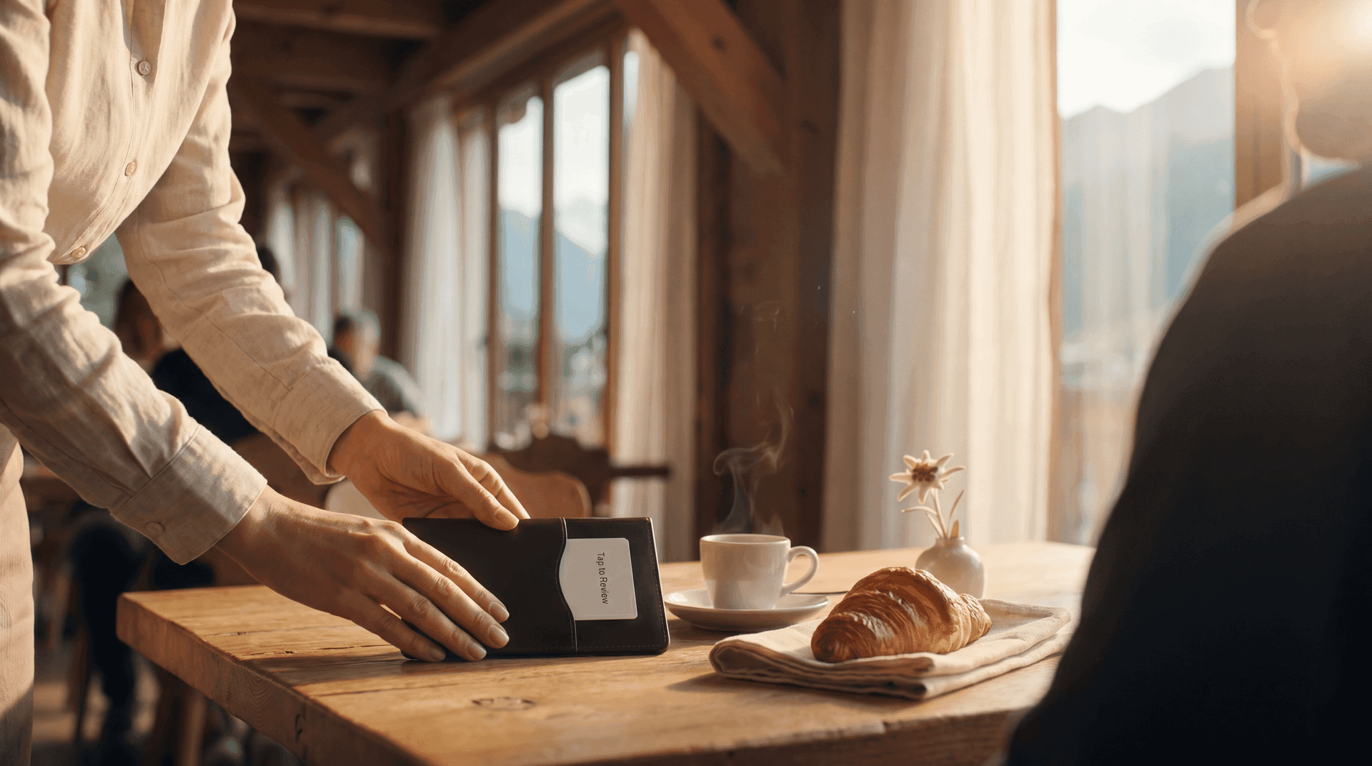 Schweizer Servicekraft im Bistro übergibt einer Gästin am Tisch eine NFC-Karte für eine Trophy-Bewertung.